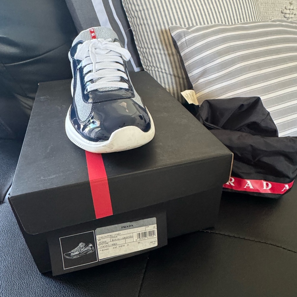 Prada Blue and White Sneakers with Leather Upper